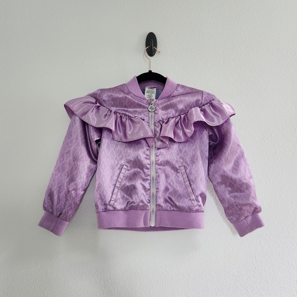 Disney Frozen 2 Purple Ruffle Bomber Reversible Jacket Elsa Anna Lining Size 5/6